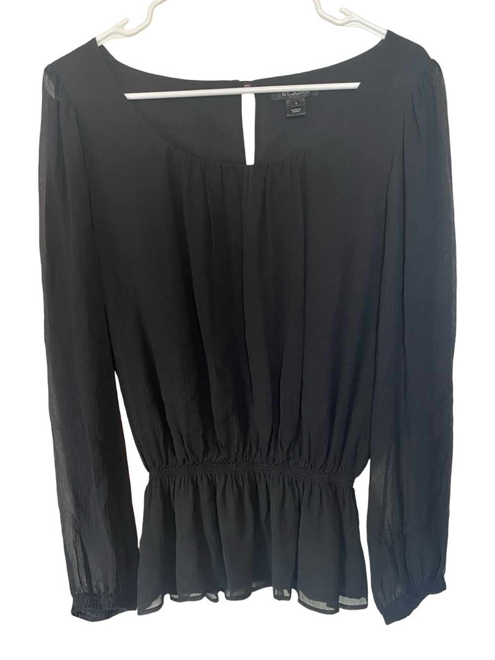 St John Black Sheer Blouse Peplum Waist Dressy Minimal Top Size 4